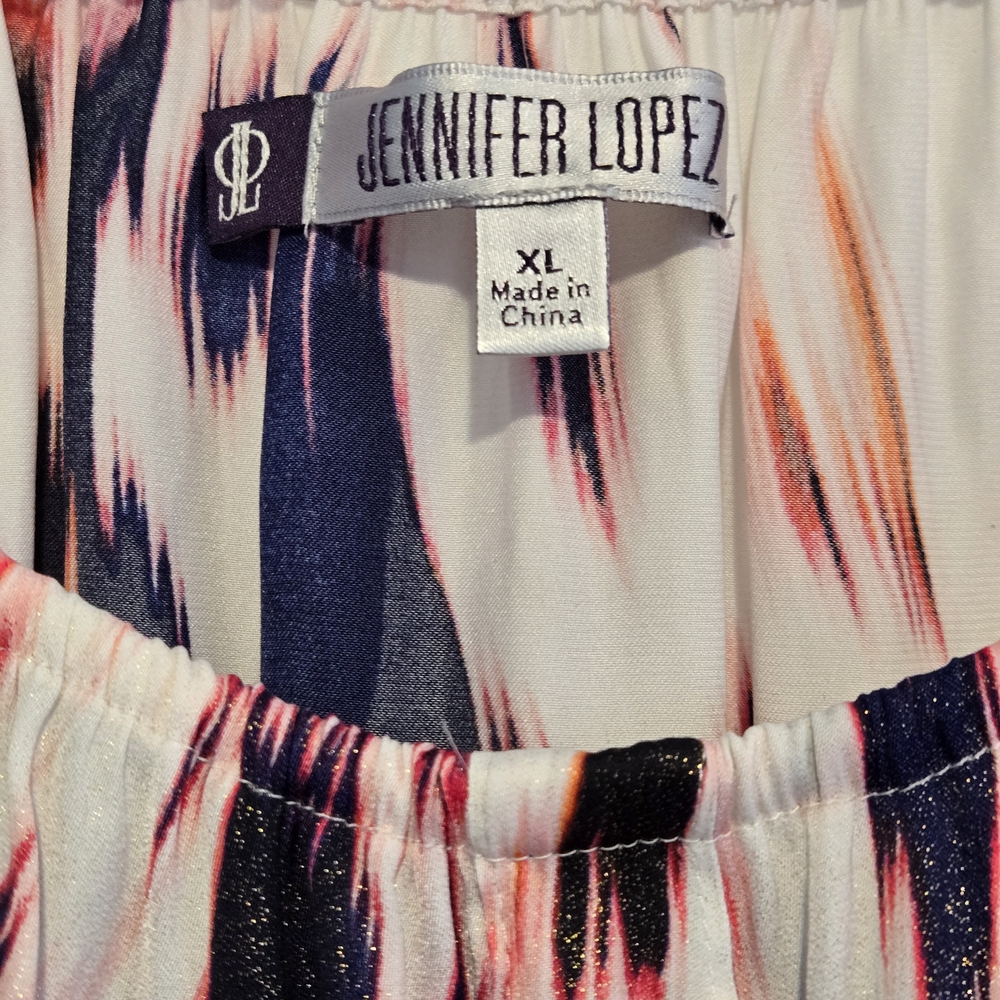 Jennifer Lopez Tie Front Blouse XL Boho Peasant Top Sheer Flowy Patterned - Picture 2 of 7